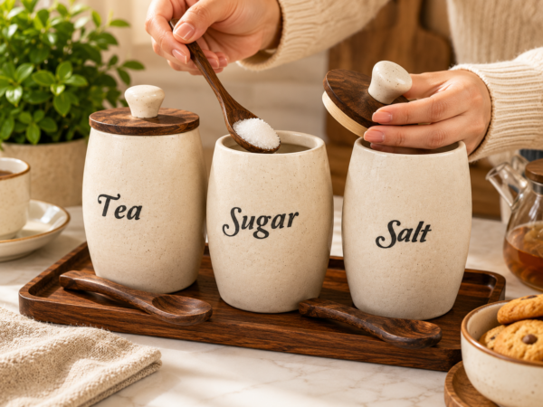 Cosmic Crafto Ceramic Tea Coffee Sugar Salt Storage Jar Set with Wooden Lid