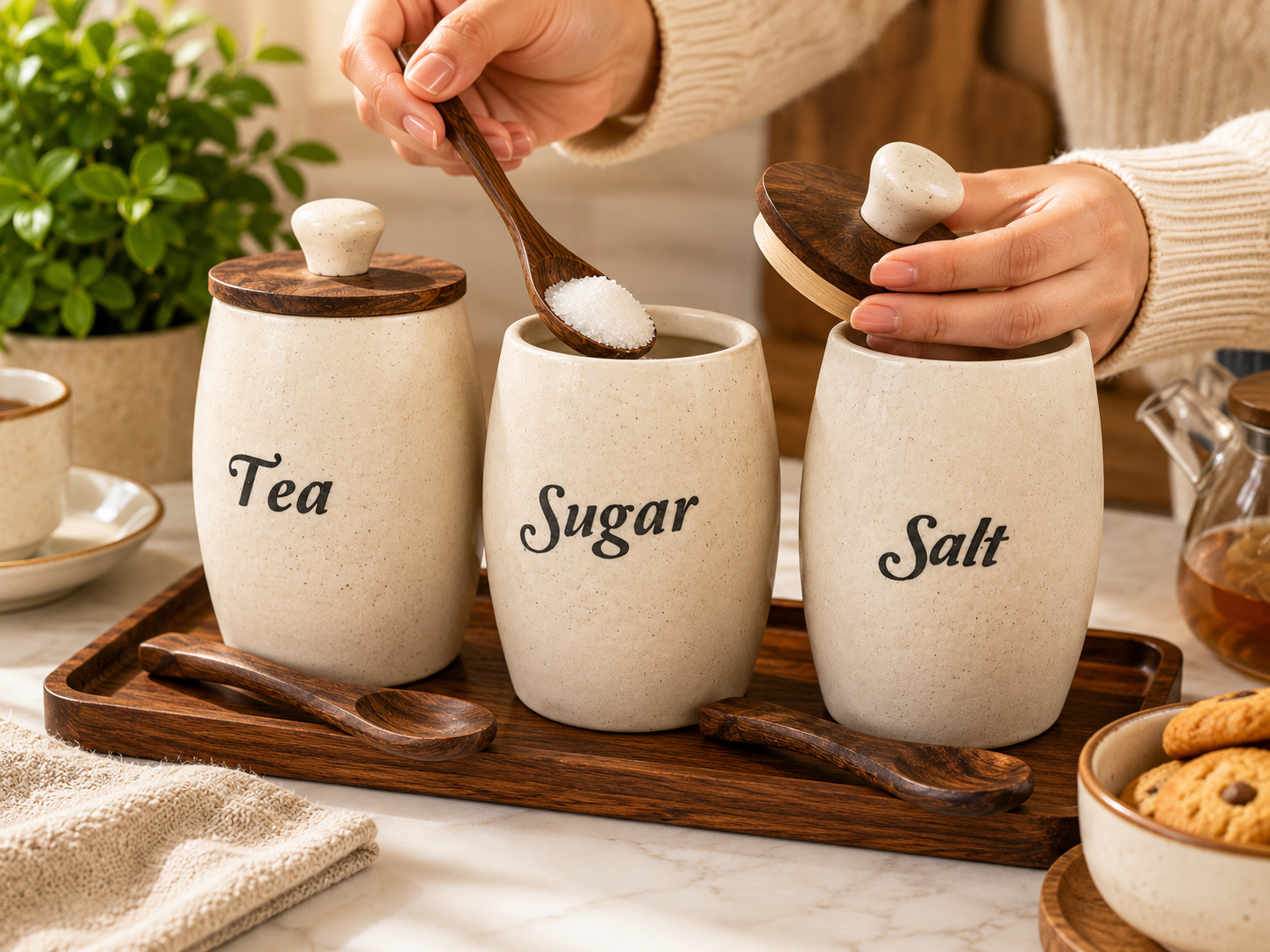 Cosmic Crafto Ceramic Tea Coffee Sugar Salt Storage Jar Set with Wooden Lid
