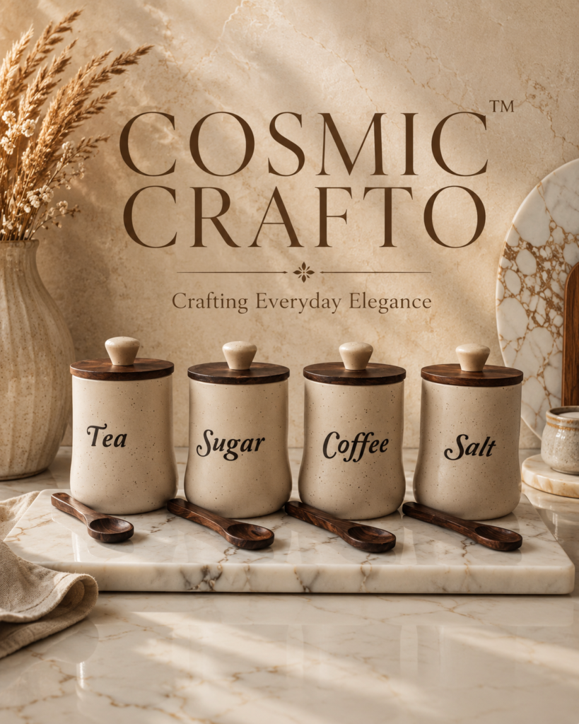 Cosmic Craftto Damru Ceramic Tea Coffee Sugar Salt Jar Set with Wooden Lids