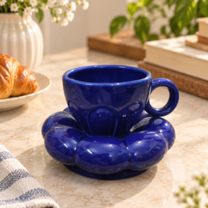 COSMIC CRAFTO Ceramic Cup & Saucer, 250 ml, Mug for Coffee Tea Asthetic Look for Girls Glossy-Dark-Blue