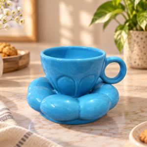Ceramic Cup & Saucer, 250 ml, Mug for Coffee Tea Asthetic Look for Girls Glossy-Sky-Blue-Cup Saucer
