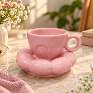 Ceramic Cup & Saucer, 250 ml, Mug for Coffee Tea Asthetic Look for Girls Glossy-Pink-Cup-Saucer
