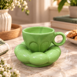 Ceramic Cup & Saucer, 250 ml, Mug for Coffee Tea Asthetic Look for Girls Glossy-Parrot-Green-Cup-Saucer