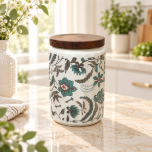 Air Tight Ceramic Storage Jar with Wooden Lid | 900ml Kitchen Storage Container (New Pallav)