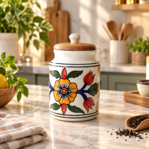 Jars and Containers Airtight Wooden Lids Ceramic Kitchen Storage Canister Handpainted Pack Of 1  (Marigold Floral Ceramic Jar)