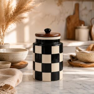 Premium Airtight 900ml Ceramic Storage Jar with Silicone-Sealed Natural Wooden Lid | Kitchen Canister for Tea, Coffee, Sugar, Spices & Cookies (black and white chess) Pack of 1