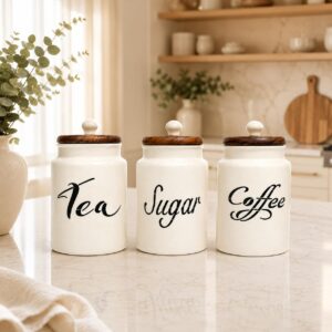 Ceramic Jar with Airtight Wooden Lids | Kitchen Storage Containers | 950ml Premium white glossy Canisters - White labelled (Drum Shape, Coffee+Sugar+Tea)
