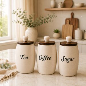 Ceramic Air Tight Tea Sugar Coffee Canister 450-500ml, Storage Jar Set of 3 (Dholak)
