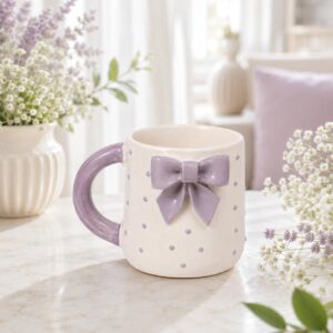 Ceramic Mug, Cute Coffee & Tea Cup, 3D Bow Design, 400 ml Gift (1, Levender Bow Big)