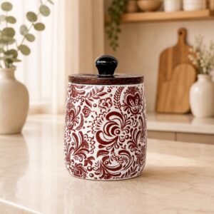 Airtight 250ml Ceramic Storage Jar with Wooden Lid, Brown | Brown Floral Artwork, Glossy Finish, 4.7 Inch Height, Modern Kitchen Design, Pack of 1