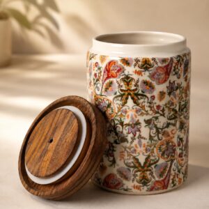 Premium Airtight 900ml Ceramic Storage Jar with Silicone-Sealed Natural Wooden Lid | Kitchen Canister for Tea, Coffee, Sugar, Spices & Cookies (Mughal Garden Pattern, Pack of 1)