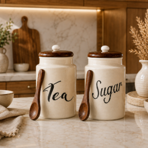 Jars & Containers Airtight Ceramic Kitchen Storage 950 ML Tea Sugar set of 2 Canisters (DRUM TEA SUGAR)