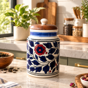 Jars and Containers Airtight Wooden Lids Ceramic Kitchen Storage Canister Handpainted Pack Of 1 (Blue Rangoli Jar) (BLUE)